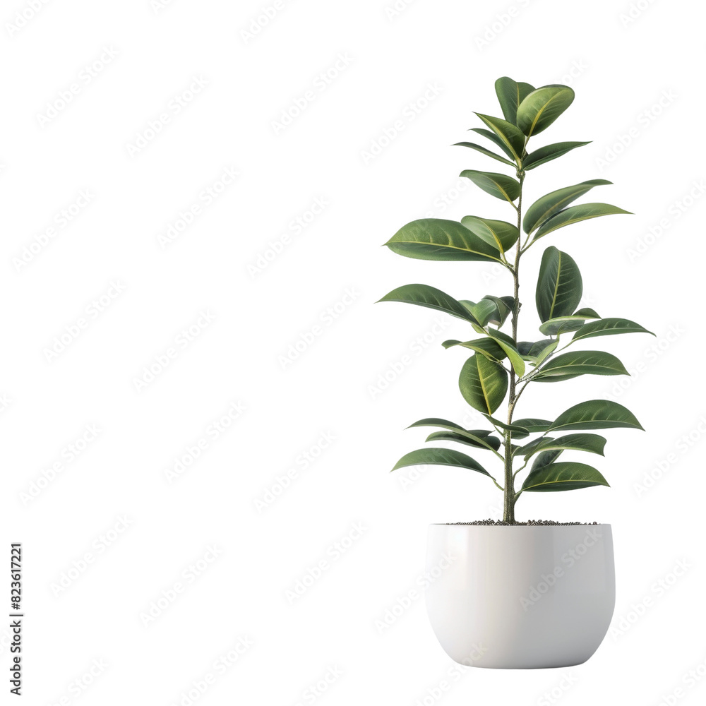 A vibrant Fiddle Leaf Fig plant features broad green leaves in an elegant white ceramic pot, isolated on a transparent background A vibrant Fiddle Leaf Fig plant features broad green leaves in an elegant white ceramic pot, isolated on a transparent background