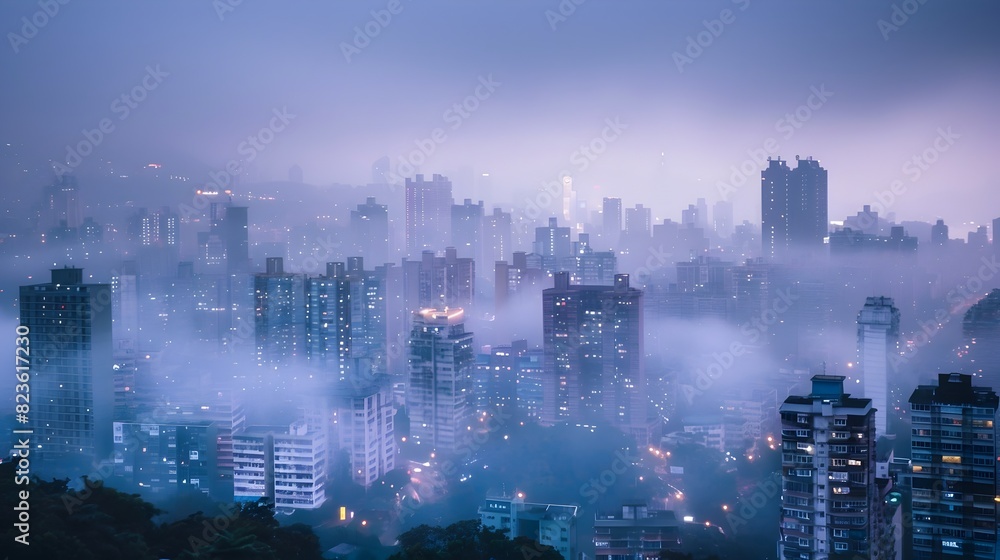 Tranquil Twilight Unveils City Skyline: A Misty Veil of Rain Revealing Nature's Beauty in the Urban
