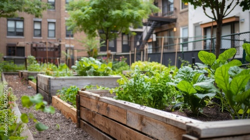 Image of a community garden in an urban area, showcasing green spaces and sustainability efforts --ar 16:9 --style raw Job ID: 021308bc-ab52-49ce-9f49-5248d13f2d84