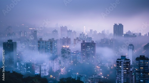 Tranquil Twilight Unveils City Skyline  A Misty Veil of Rain Revealing Nature s Beauty in the Urban