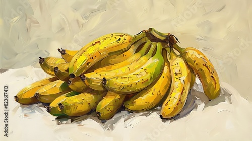 Oil painting style, eye-level angle of kluay khai bananas, textured brushstrokes capturing the golden hues and individual spots, white isolated background photo