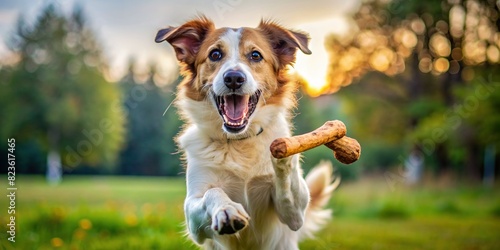 Funny dog playing with a bone, tossing it up in the air and catching it with its mouth, looking at the camera with a playful expression photo