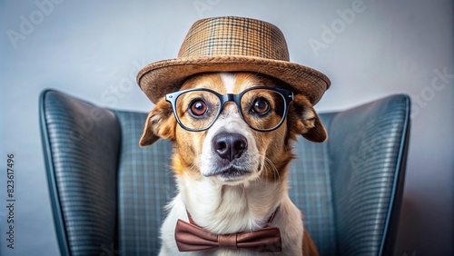 Funny dog wearing glasses and a hat, sitting on a chair, looking at the camera with a silly expression photo