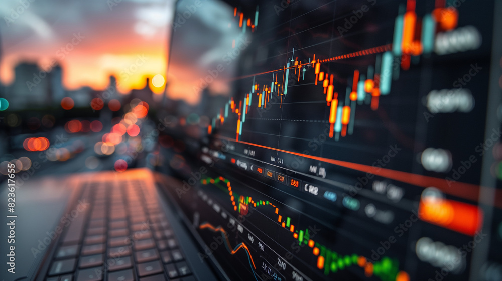 Laptop with stock market chart on screen, monitoring stock exchange, companies, trading Laptop with stock market chart on screen, monitoring stock exchange, companies, trading