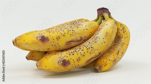 Photorealistic, eye-level angle shot of a bunch of ripe kluay khai bananas, vibrant yellow skin with slight brown speckles, white isolated background, studio lighting, sharp focus on textures