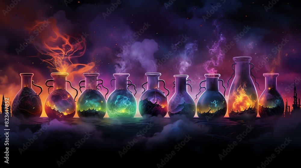 Row of glass beakers with colorful liquids and glowing smoke. Row of glass beakers with colorful liquids and glowing smoke.