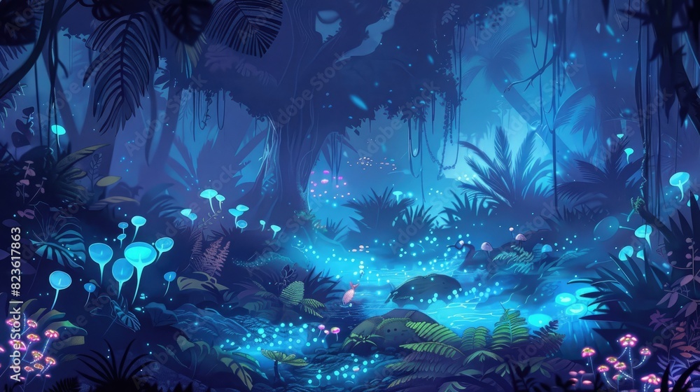 A surreal jungle landscape, with bioluminescent plants and strange, alien creatures.