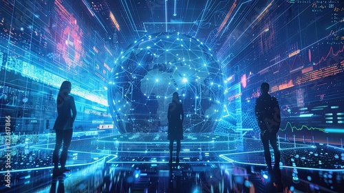 Global hologram, business people and digital transformation with scifi, cyberpunk or information technology light innovation background, Futuristic 3d background © Sattawat