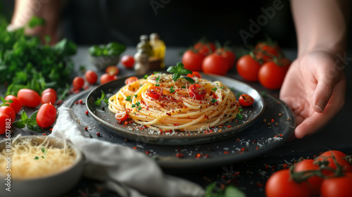 Pasta Primavera. Spaghetti pasta served with fresh herbs and vegetables, topped with fresh parmesan.