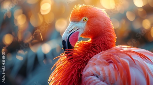 A close-up of a flamingo with radiant orange feathers, set against a dreamy bokeh light background photo