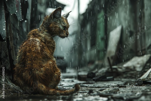 Profile view, an emaciated stray cat with patchy fur, large sorrowful eyes, CG 3D rendering, detailed textures and fine shading, sitting under a rain-soaked alley, capturing desperation and neglect photo