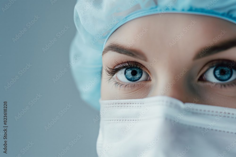 Close-up of a medical professional in scrubs, showcasing empathetic blue eyes peering out from behind a surgical mask and cap, depicting dedication and care in a clinical environment Close-up of a medical professional in scrubs, showcasing empathetic blue eyes peering out from behind a surgical mask and cap, depicting dedication and care in a clinical environment