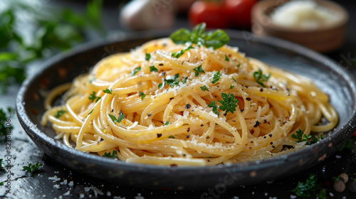 Pasta Primavera. Spaghetti pasta served with fresh herbs and vegetables  topped with fresh parmesan.