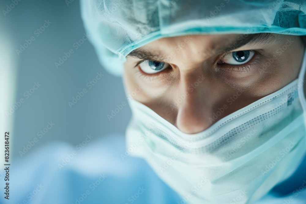 Close-up of a focused surgeon wearing a surgical cap and mask, with piercing eyes, exemplifying professionalism and determination in a high-pressure medical environment Close-up of a focused surgeon wearing a surgical cap and mask, with piercing eyes, exemplifying professionalism and determination in a high-pressure medical environment