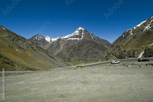 View of mountains in the Andes mountain range near Portillo in summer