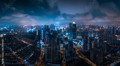A panoramic view of the modern city skyline at night, illuminated by lights and skyscrapers, showcasing an urban landscape with tall buildings and streets