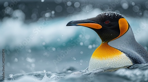 Detailed shot of a King Penguin amidst splashing water droplets photo