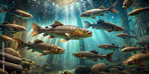 Long shot of multiple brown trout (Salmo trutta fario) swimming in slow motion in large aquarium photo
