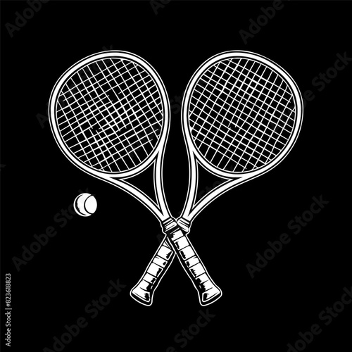 Stylized tennis rackets and ball on dark background, sport theme