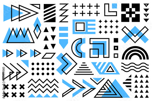 A vivid collection of different geometric shapes, Memphis set in blue and black, arranged on a white background. The composition includes triangles, circles, squares, zigzags and other shapes.
