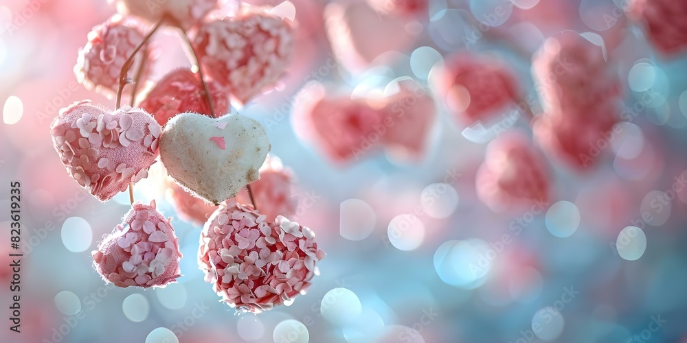 Pink bokeh background with light pink and white heart symbols for ...