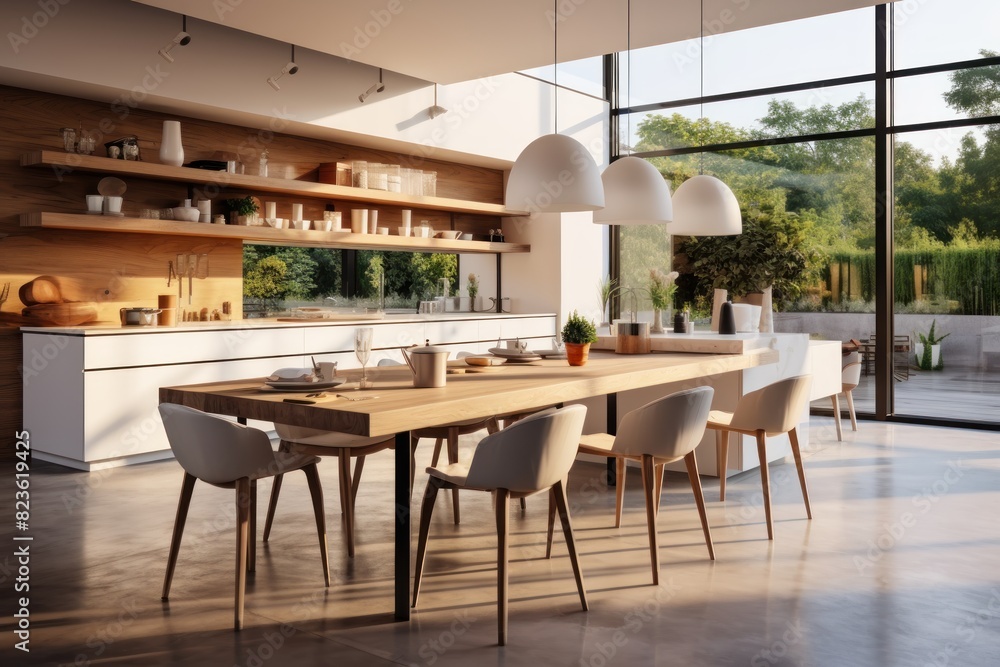Interior of modern luxury dining room. Elegant Minimalist kitchen or dining room. kitchen. dining room. Beautiful Dining Room and Kitchen in New Luxury Home. Has Open Concept Floor Plan.