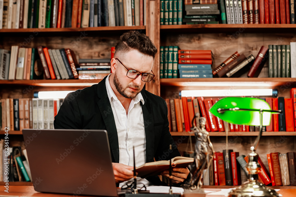 A lawyer works with contract documents together with Fimida in the courtroom. Justice and law, lawyer, judge, concept. A lawyer works with contract documents together with Fimida in the courtroom. Justice and law, lawyer, judge, concept.