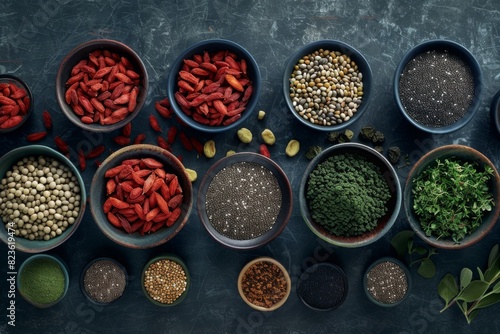 Assorted herbs and spices in bowls on dark background. Perfect for culinary  cooking  and food-related themes. Colorful and aromatic variety.