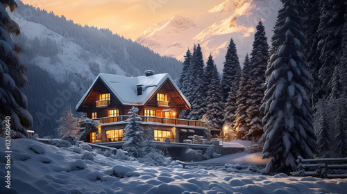 A Beautiful Fancy House Surrounded by Fir Trees on Snow Mountain Landscape Background photo