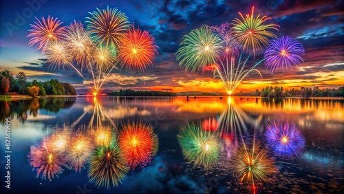Panorama of a colorful fireworks display over a tranquil lake, with vibrant reflections dancing on the water's surface