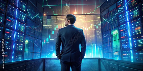 Photo of a businessman looking at a stock market ticker. The ticker is displaying financial data and stock prices photo
