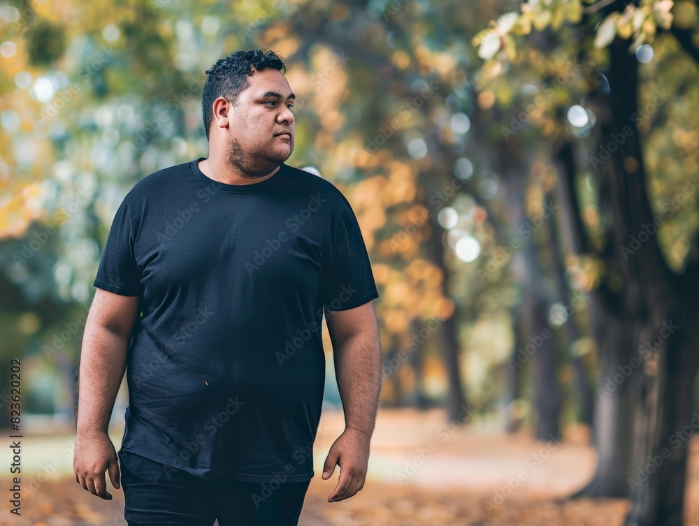 Plus size man wearing blank empty black tshirt mockup for design template in the park