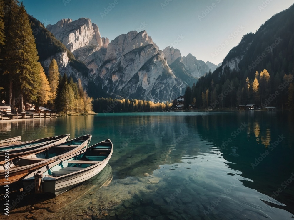 Spectacular Braies Lake with boats, Sudtirol, Italy Spectacular Braies Lake with boats, Sudtirol, Italy