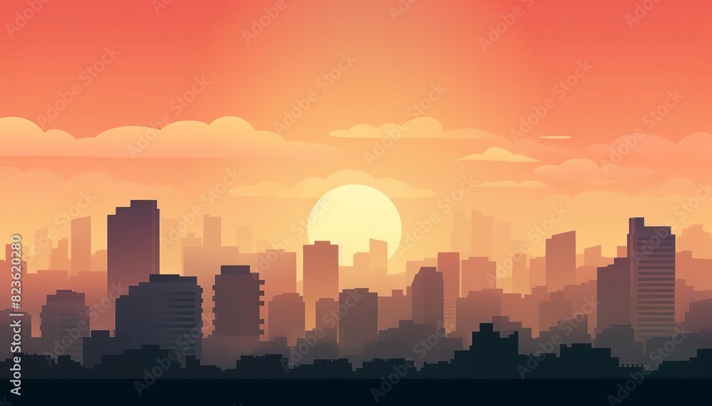 Cityscape at sunset. The warm colors of the sky and the soft light of the sun create a peaceful and relaxing scene.