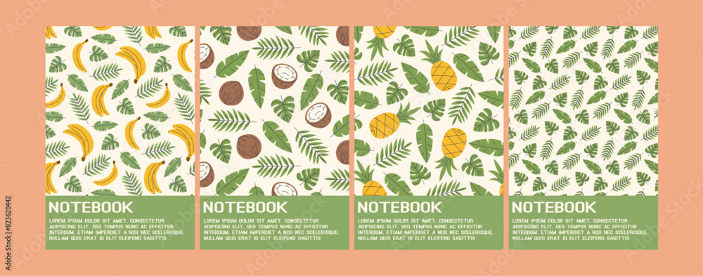 Summer notebook covers. Tropical templates set for diary. Exotic leaves and fruits pages