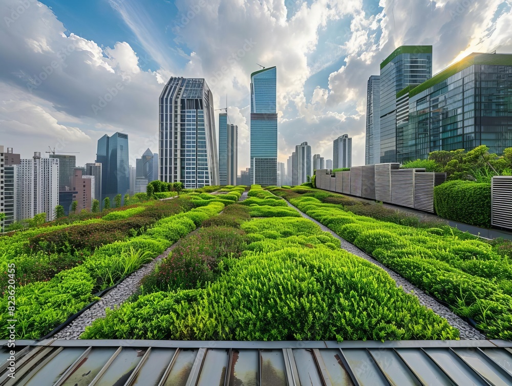 Fototapeta premium Green rooftop garden with modern skyscrapers in the background.