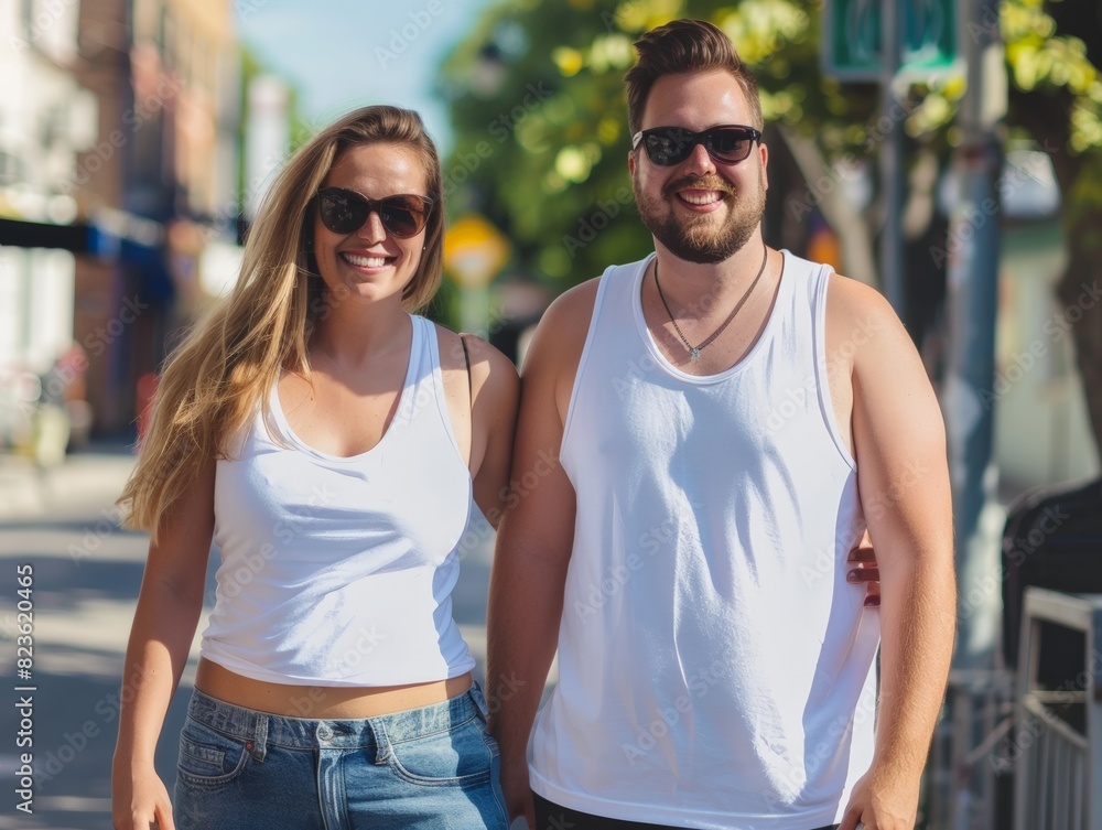 A couple boyfriend and girlfriend wearing blank empty white tank top mockup for design template in the city A couple boyfriend and girlfriend wearing blank empty white tank top mockup for design template in the city