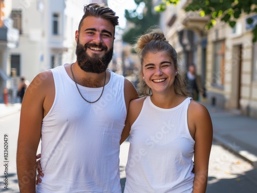 A couple boyfriend and girlfriend wearing blank empty white tank top mockup for design template in the city