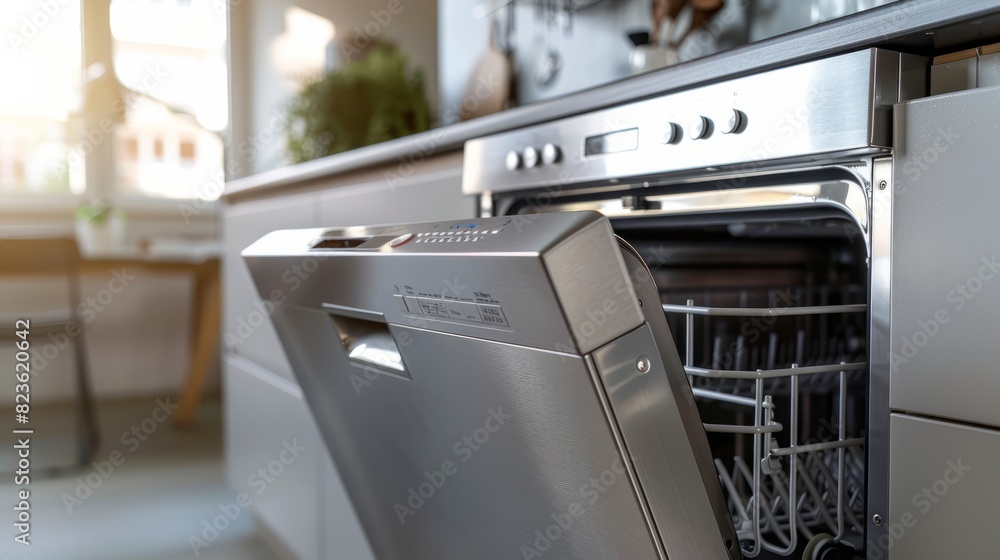 Modern Stainless Steel Dishwasher Open in a Bright, Clean Kitchen Modern Stainless Steel Dishwasher Open in a Bright, Clean Kitchen