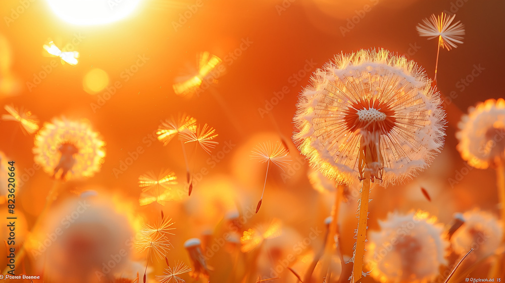 Dandelion at sunset with warm, golden light illuminating its seeds