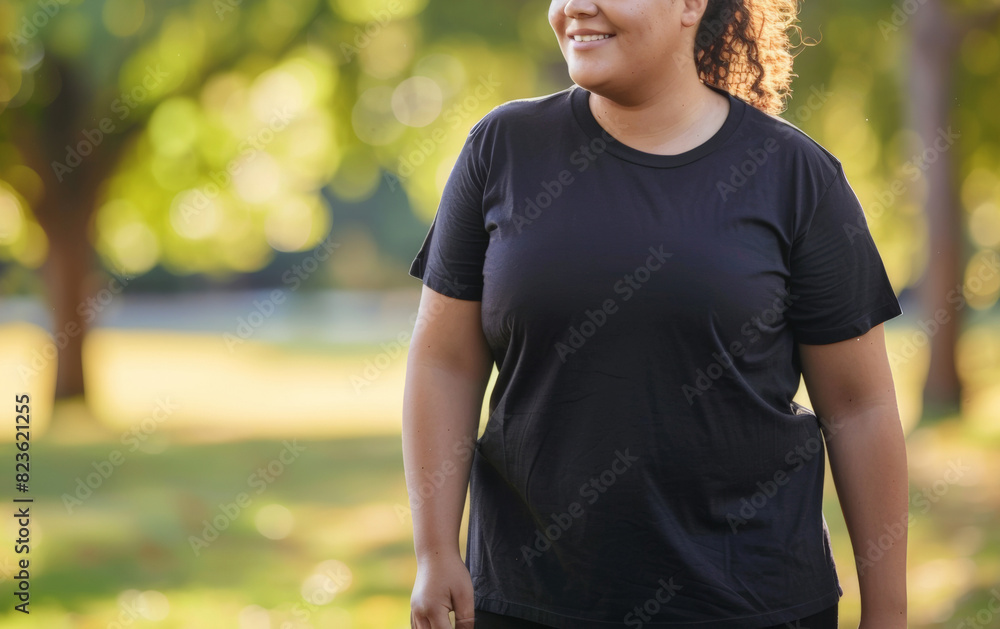 Young plus size woman wearing blank empty black tshirt mockup for design template in the park Young plus size woman wearing blank empty black tshirt mockup for design template in the park