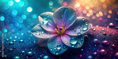 Square shaped shot of a flower with dew drops in the shape of a heart on the petal, the background is blurred with colorful bokeh photo