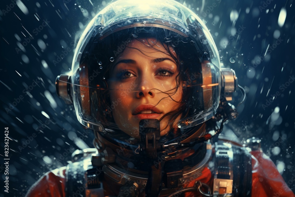 Portrayal of a female astronaut with a reflective visor, gazing through a downpour Portrayal of a female astronaut with a reflective visor, gazing through a downpour