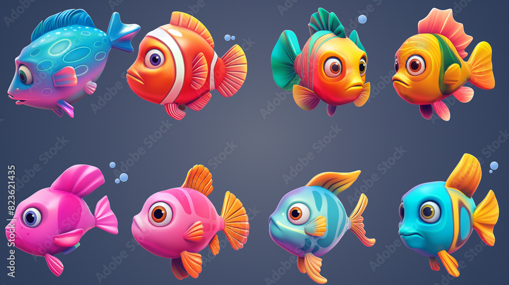 Asset of fish with cartoon style on dark background, Illustration. Asset of fish with cartoon style on dark background, Illustration.