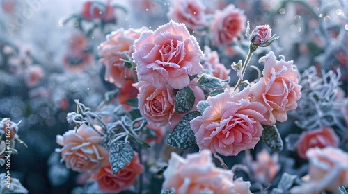 cluster of pink roses covered in frost the roses are of varying shades of pink