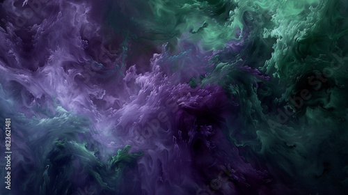 A mysterious blend of dark purple and emerald green oil paint clouds, evoking the enigmatic allure of a hidden gemstone.