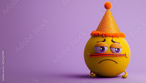 Yellow emoji with zipped lips, orange party hat, right side, violet background, left text space.