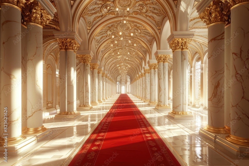 hallway in palace with red carpet, gold theme luxury, classic and elegant