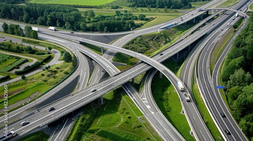 Aerial top view of multilevel junction ring road as seen on road motorway interchange with car traffic photo