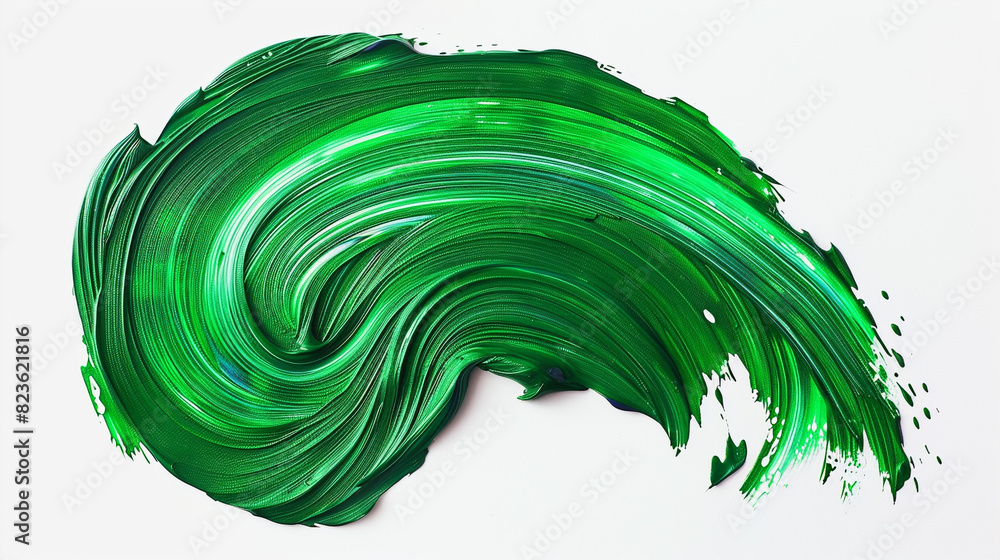 An intricate, swirling brushstroke of emerald green acrylic paint, rich and vivid, on a solid white background, mimicking the lushness of a rainforest. An intricate, swirling brushstroke of emerald green acrylic paint, rich and vivid, on a solid white background, mimicking the lushness of a rainforest.